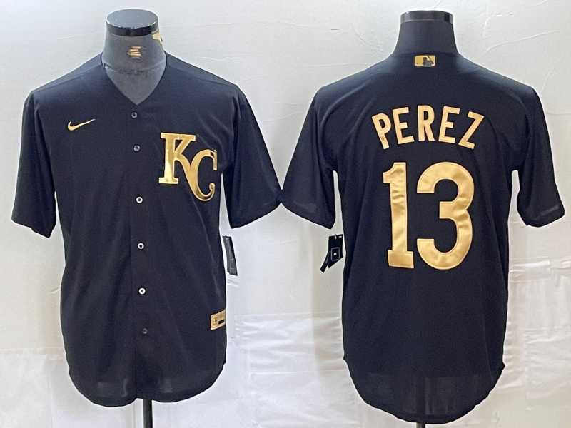 Mens Kansas City Royals #13 Salvador Perez Black Gold Cool Base Stitched Jersey